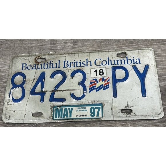Vintage 1997 British Columbia License Plate Tag 8423-PY Blue w/ White CANADA - Picture 1 of 6
